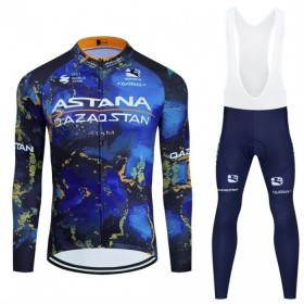 Set Fietsshirt Lange Mouw + Lange Koersbroek 2024 Astana Qazaqstan Blauw